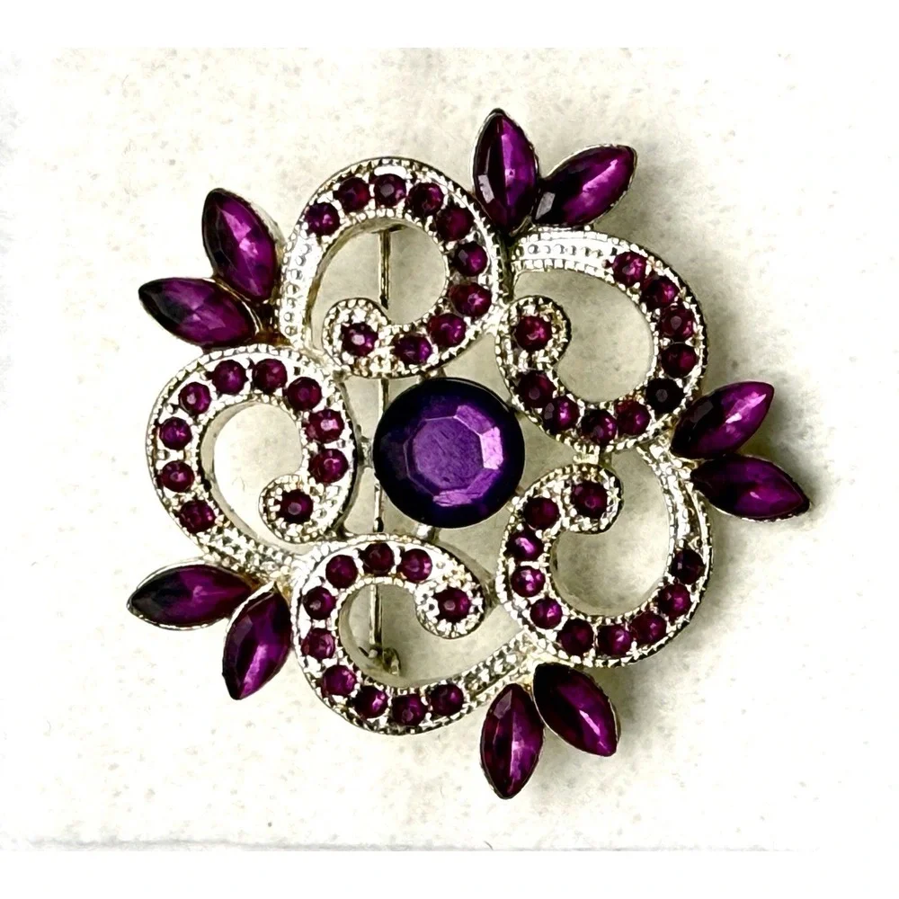 Vintage Silver-Tone Purple & Clear Rhinestone Brooch 2